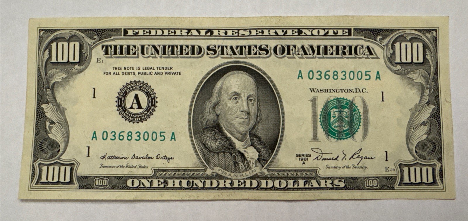 1981 A $100 Hundred Dollar Bill Federal Reserve Note Boston MA Vintage Old N/M 1981 A $100 Hundred Dollar Bill Federal Reserve Note Boston MA Vintage Old N/M