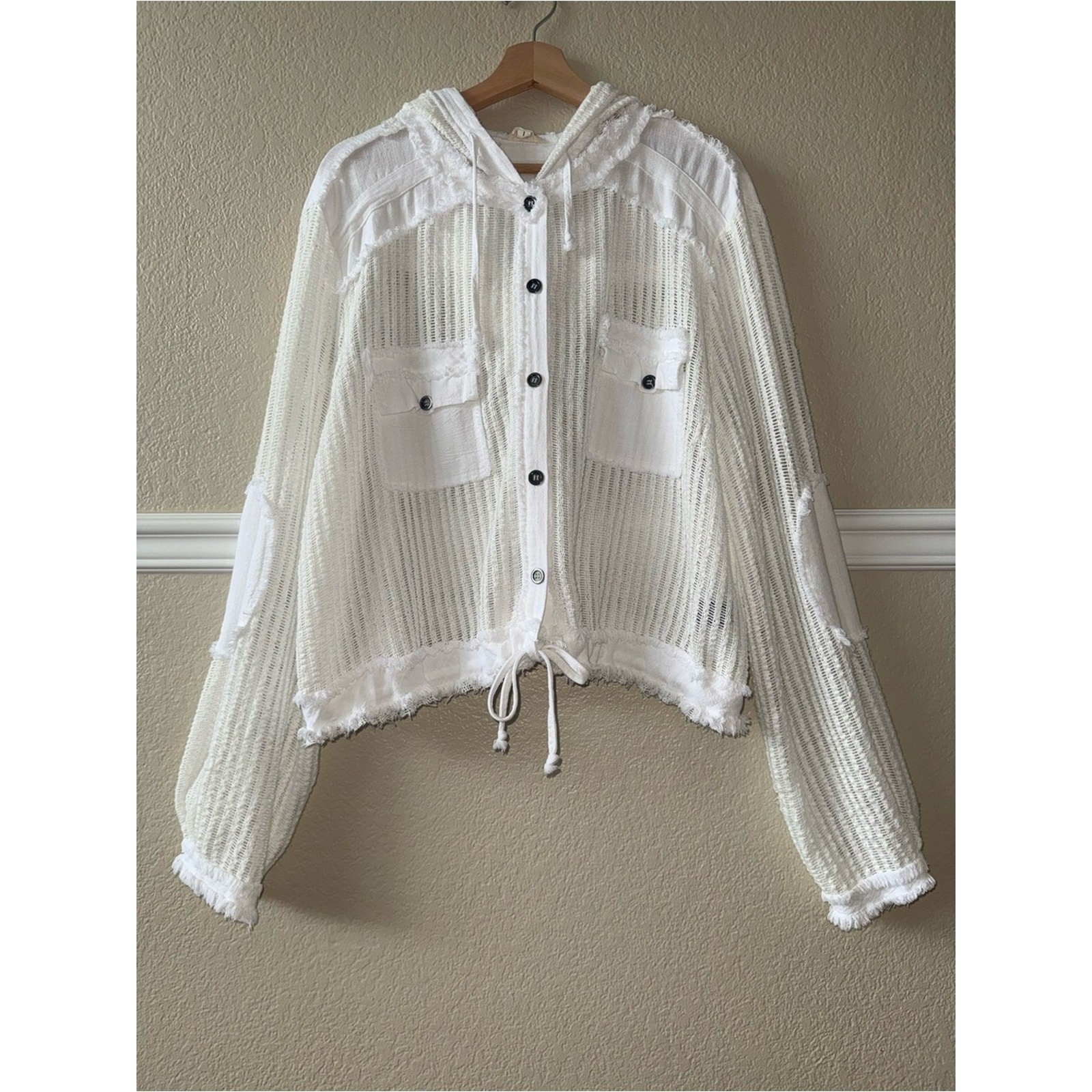 POL 100% Cotton Boho See Through Button Down Hoodie Cardigan White Ivory Large POL 100% Cotton Boho See Through Button Down Hoodie Cardigan White Ivory Large