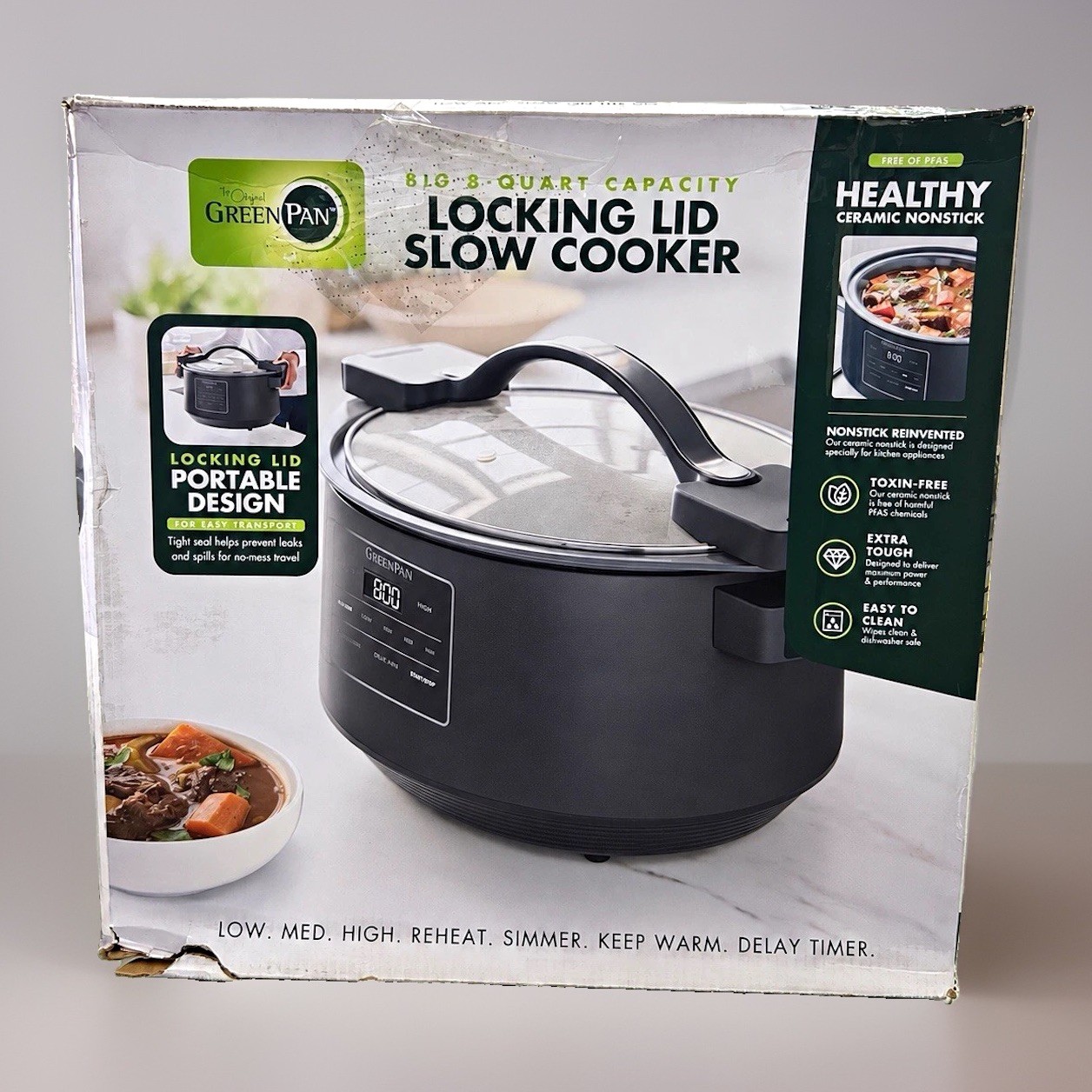 GreenPan 8 Qt Locking Lid Slow Cooker, Ceramic Nonstick, 7 Settings