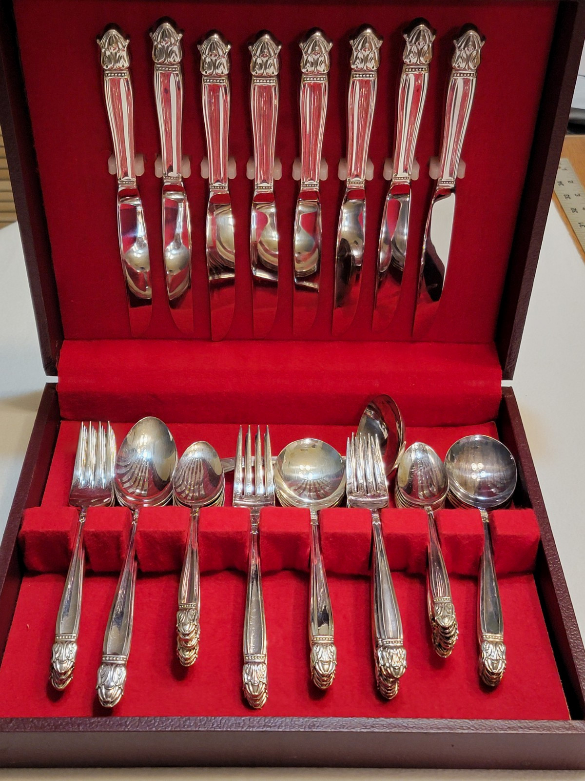 Holmes and Edward\'s 49 piece inlaid silver set in original case. vintage 1938 Holmes and Edward\'s 49 piece inlaid silver set in original case. vintage 1938