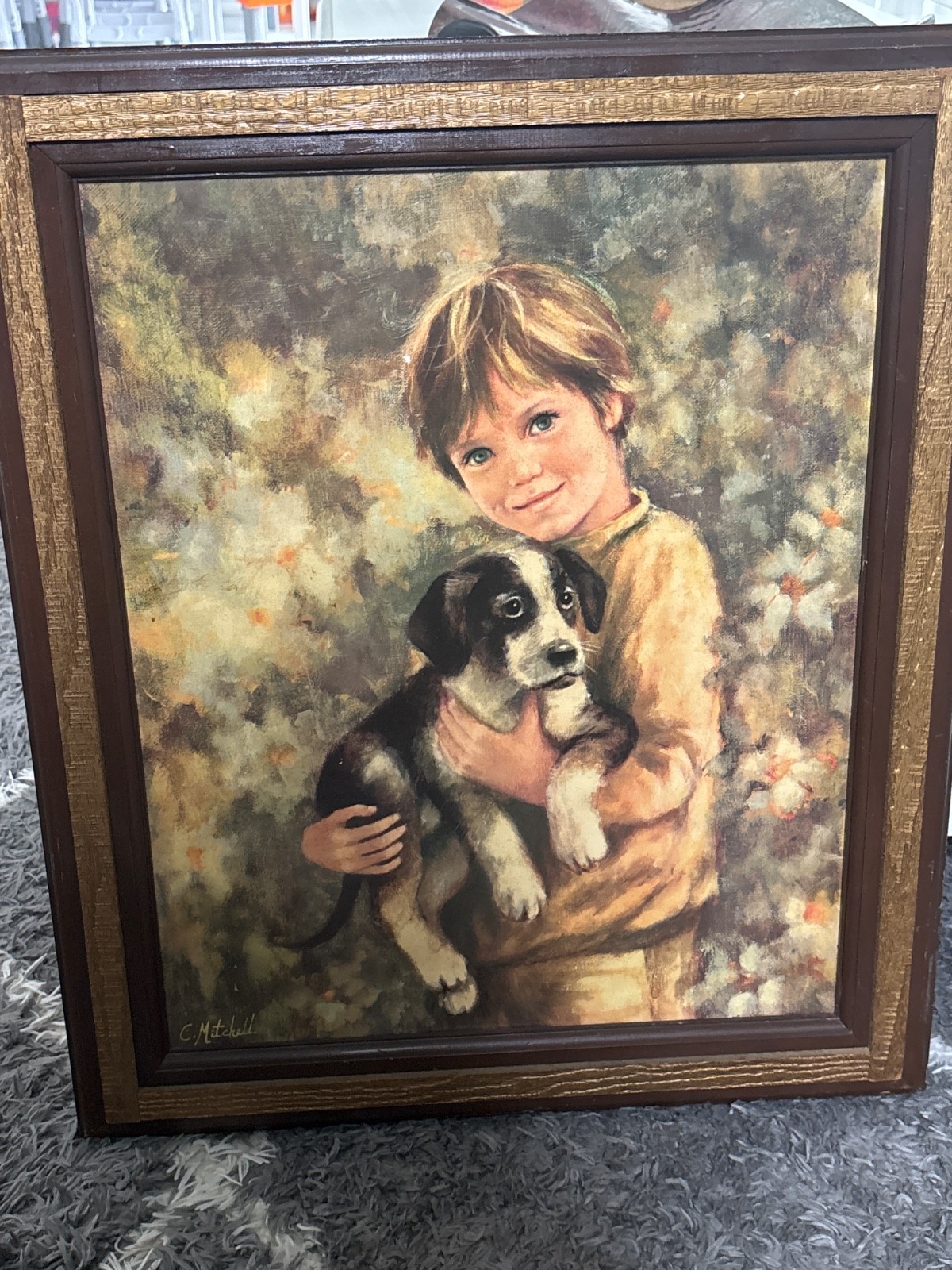 Vintage Mid Century Boy And Dog Comrades Signed C. Mitchell Framed Art 24 X 20” Vintage Mid Century Boy And Dog Comrades Signed C. Mitchell Framed Art 24 X 20”