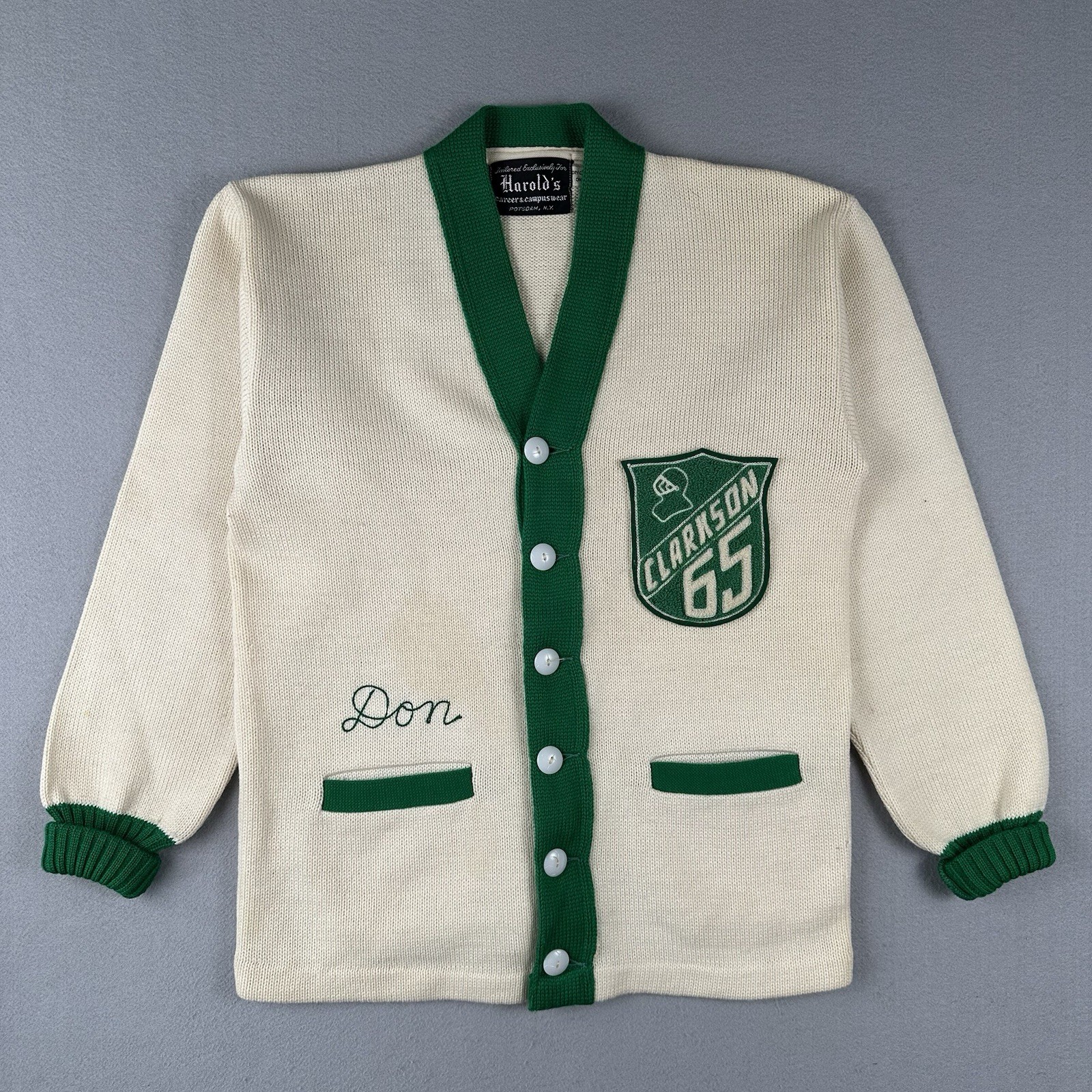 Vtg 60s Clarkson University Letterman Cardigan Sweater Small Wool Chain Stitch