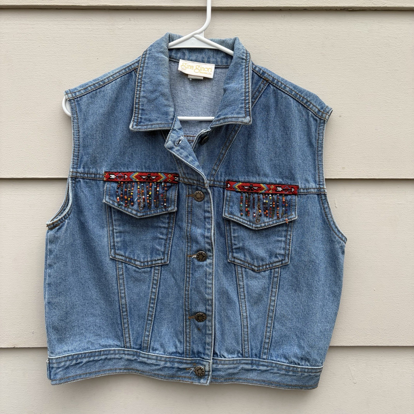 Gino Ginori VINTAGE USA MADE Demin Vest Aztec Trim Accents Med Cowgirl Rodeo Gino Ginori VINTAGE USA MADE Demin Vest Aztec Trim Accents Med Cowgirl Rodeo
