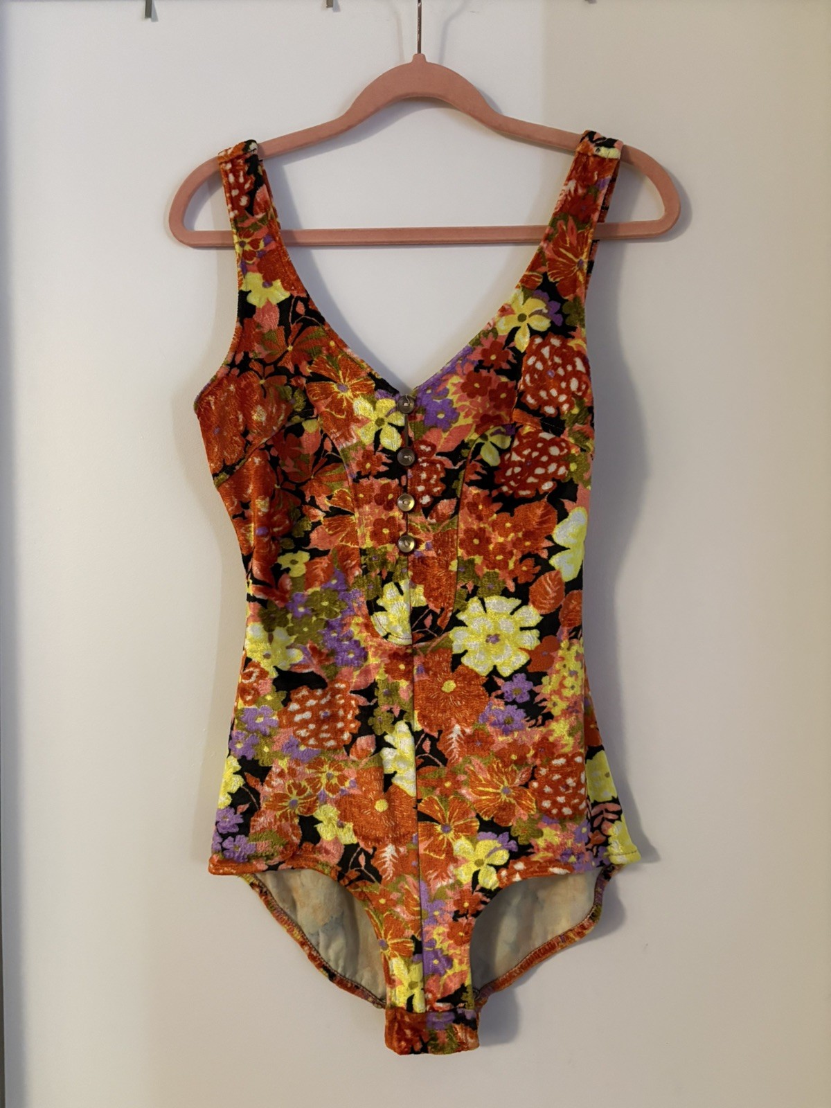 Vintage 60s 70s Swimsuit Medium Orange Yellow Velvet Bathing One Piece Mod Retro