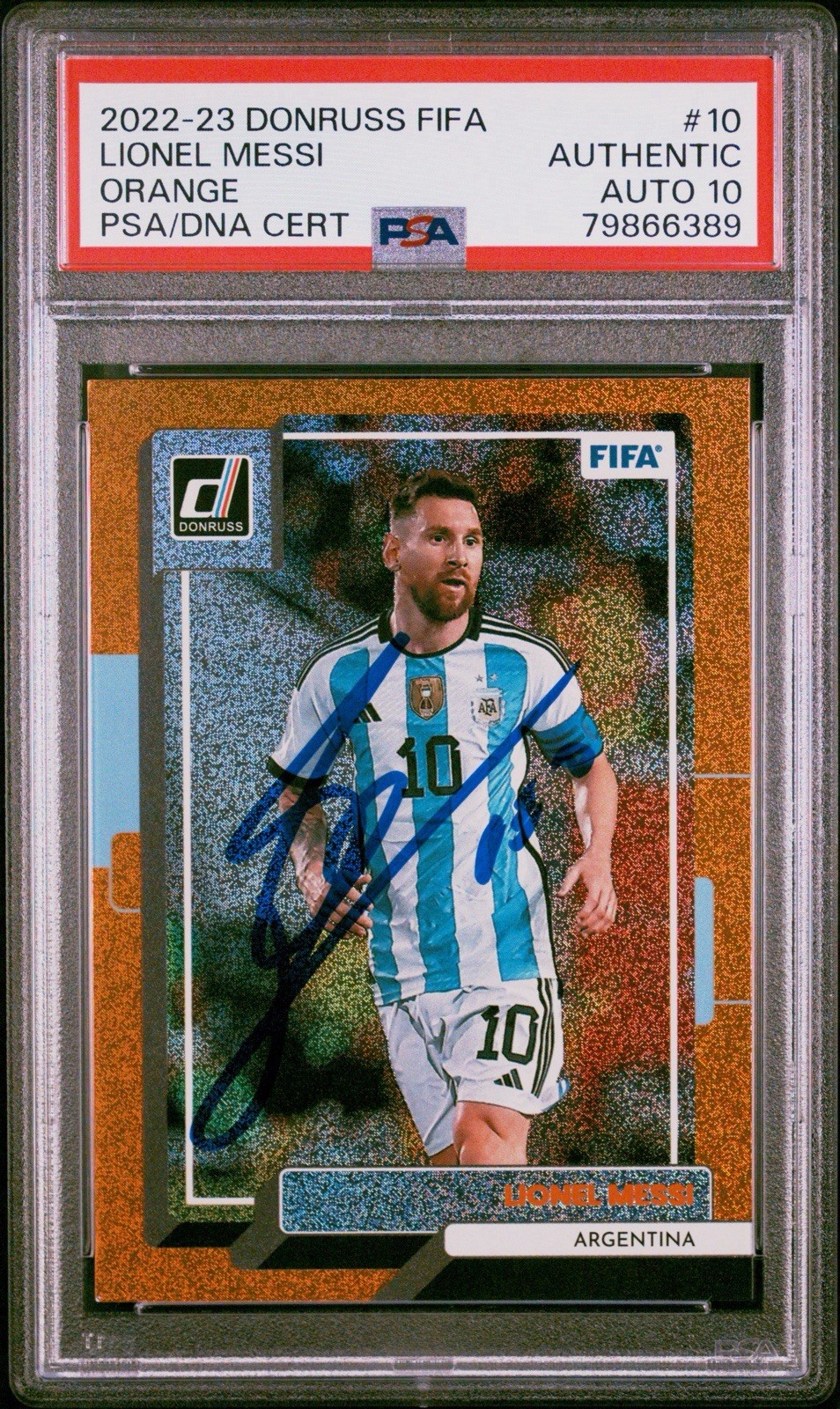 2022-23 Panini Donruss FIFA Signed Lionel Messi #10 Orange PSA AUTHENTIC AUTO 10