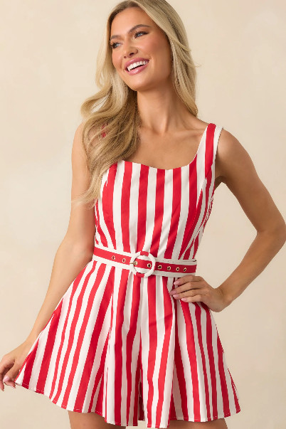 Prosperina NEW Red White Stripe Belted Flared Leg Preppy Trendy Romper size L