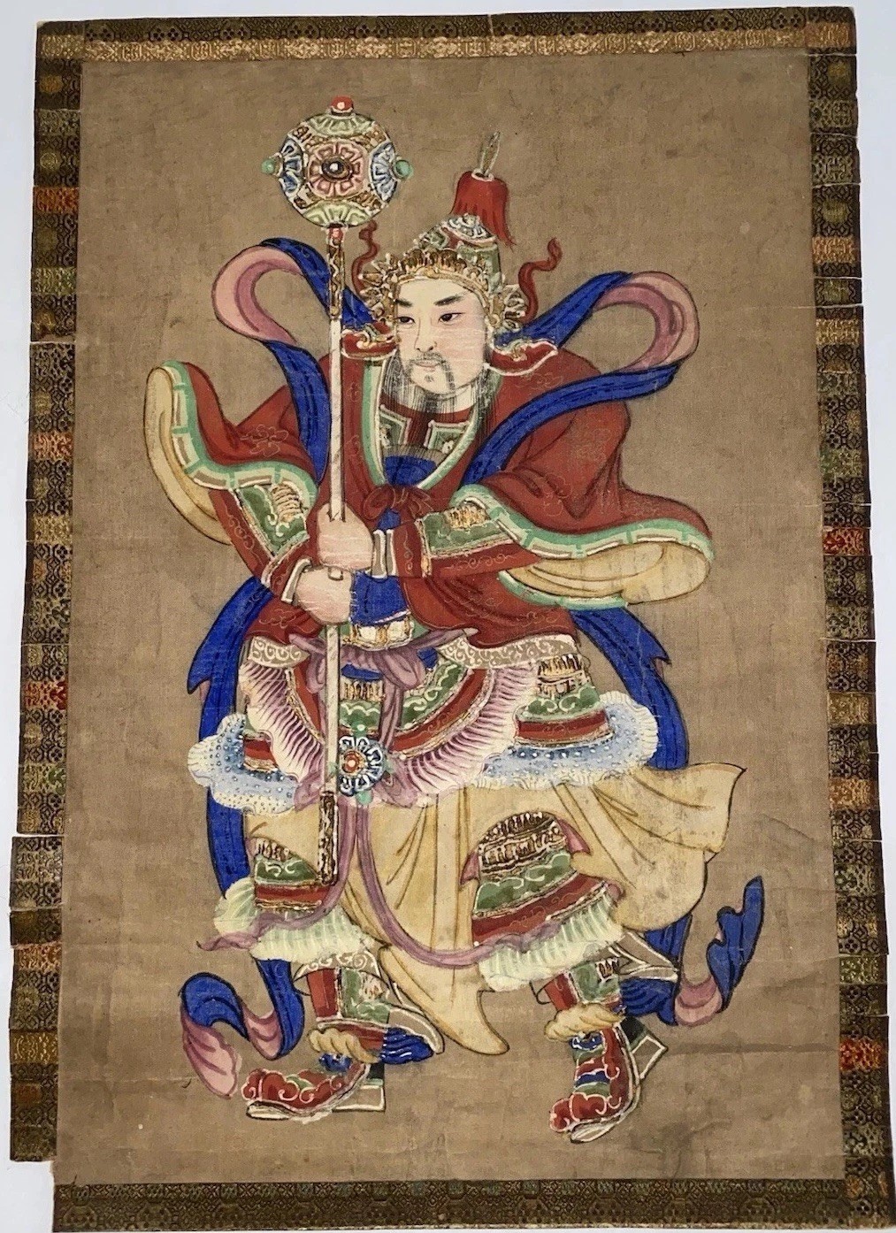 Antique Chinese Qing Dynasty Silk Painting Guardian Deity w Brocade Border Antique Chinese Qing Dynasty Silk Painting Guardian Deity w Brocade Border