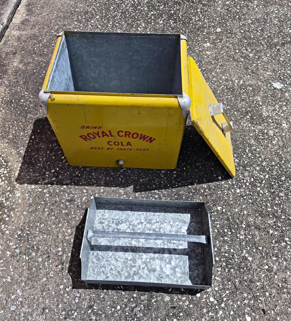 Royal Crown Cola Vintage Metal Cooler Ice Chest w/ Lid Yellow/Silver Soda Royal Crown Cola Vintage Metal Cooler Ice Chest w/ Lid Yellow/Silver Soda