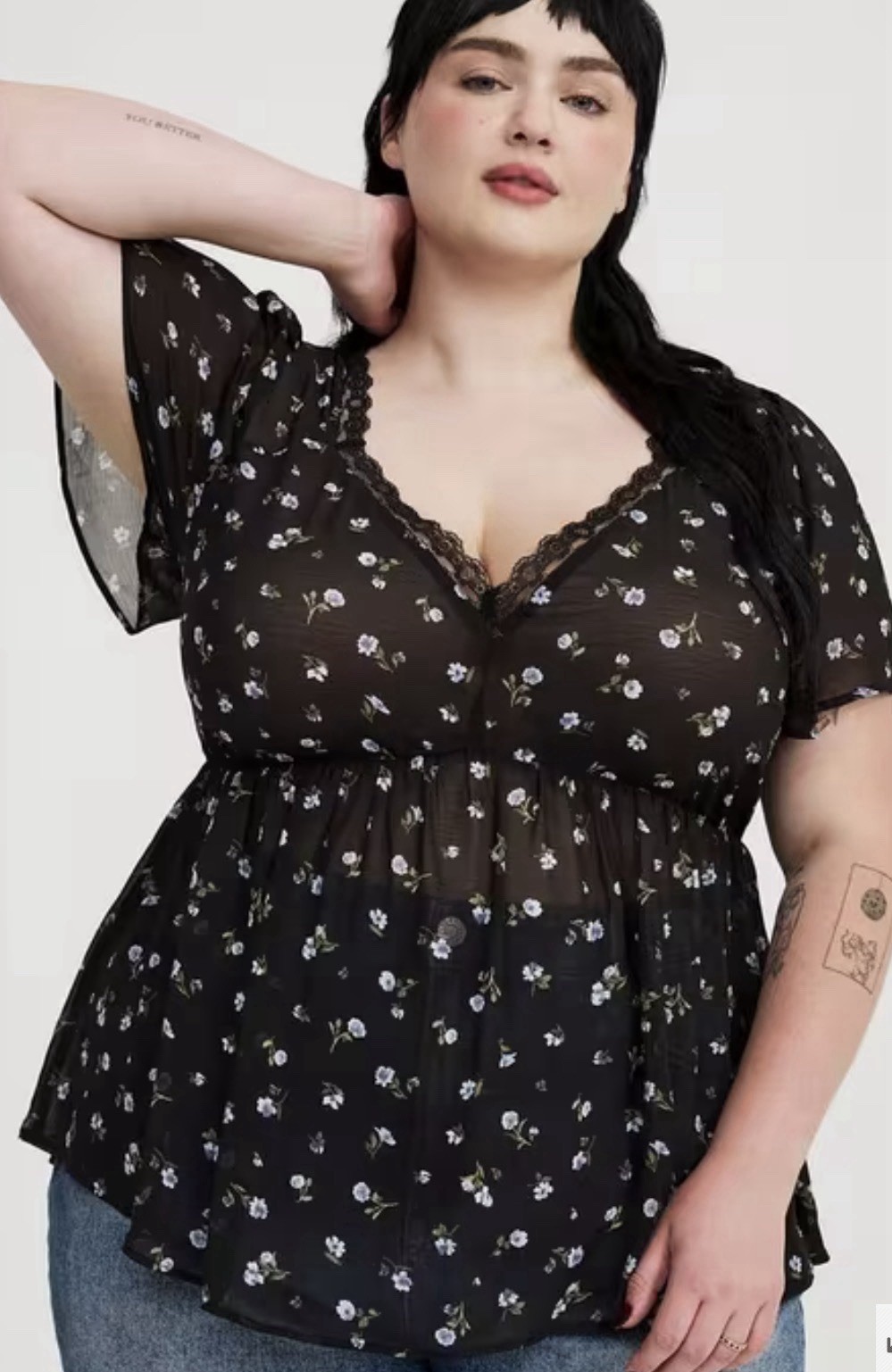 Torrid Tie Back V-Neck Blouse Chiffon Floral Babydoll Plus Sheer 1 Empire Whimsi