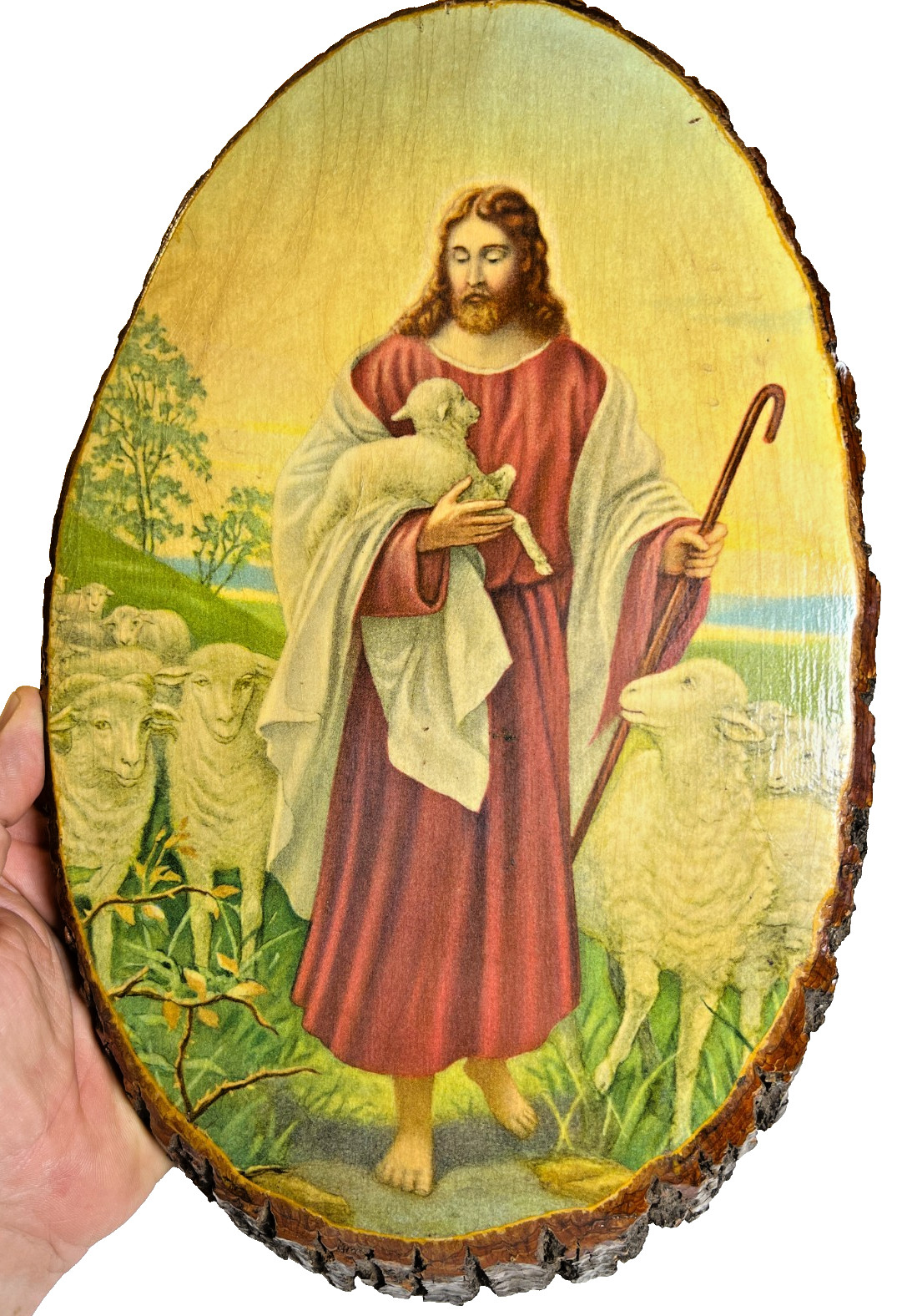 Vintage Jesus Good Shepherd Wood Slice Wall Plaque Picture 11.5” Religious Art