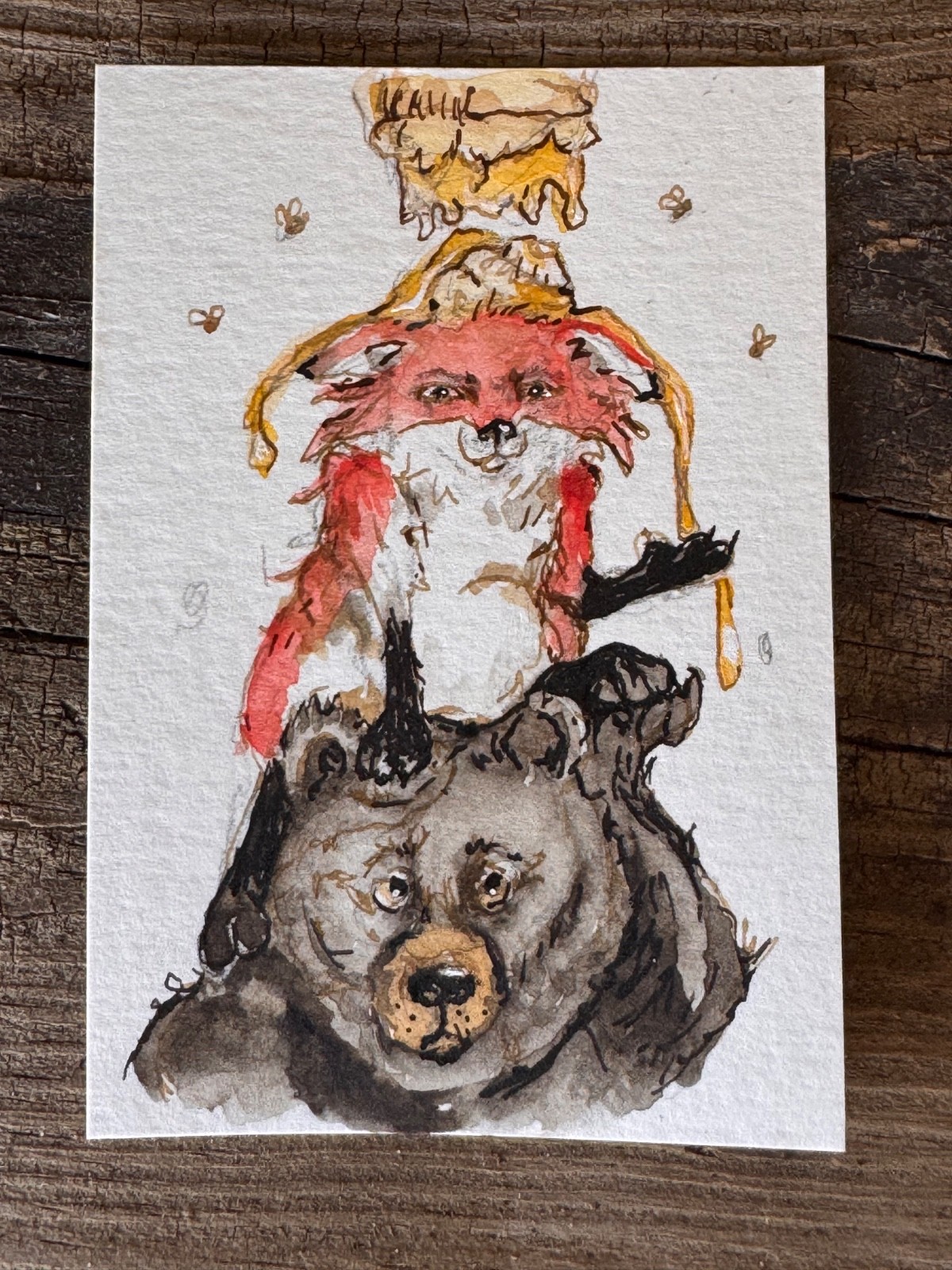 Origional Watercolor ACEO Fox get honey for bear signed by artist Edith Schmidt Origional Watercolor ACEO Fox get honey for bear signed by artist Edith Schmidt