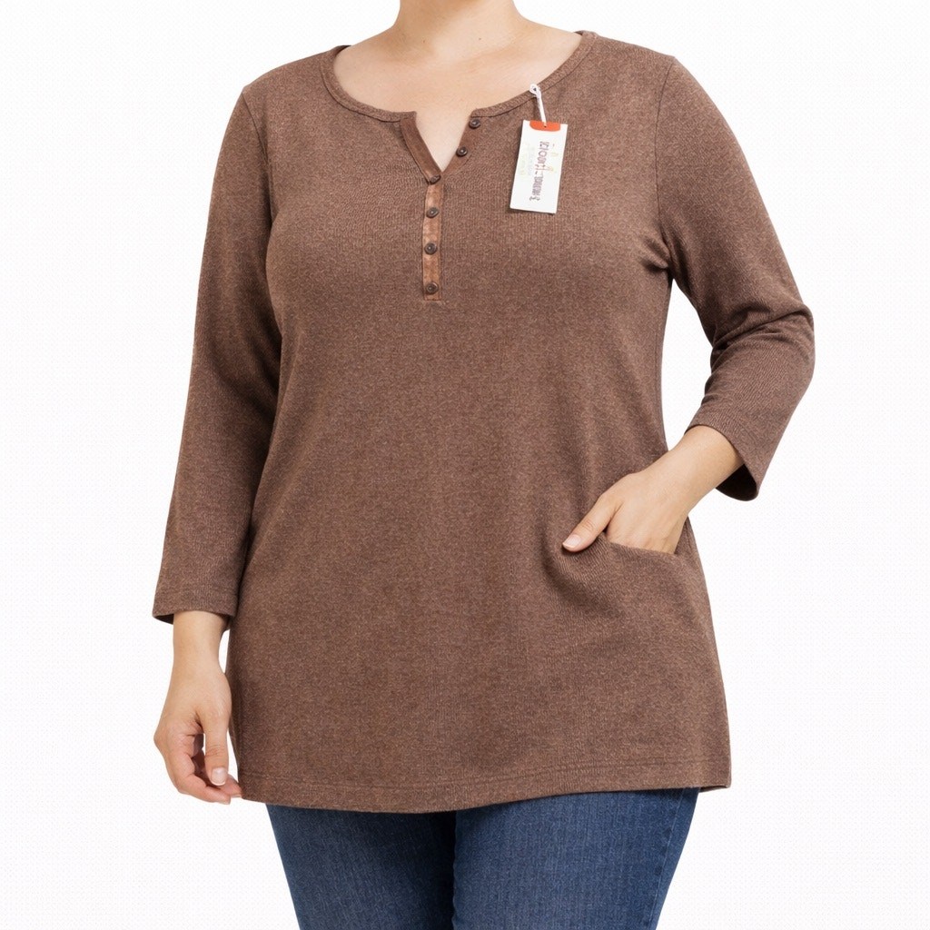 NWT Croft & Barrow Ribbed Henley Top Cocoa Heather Large