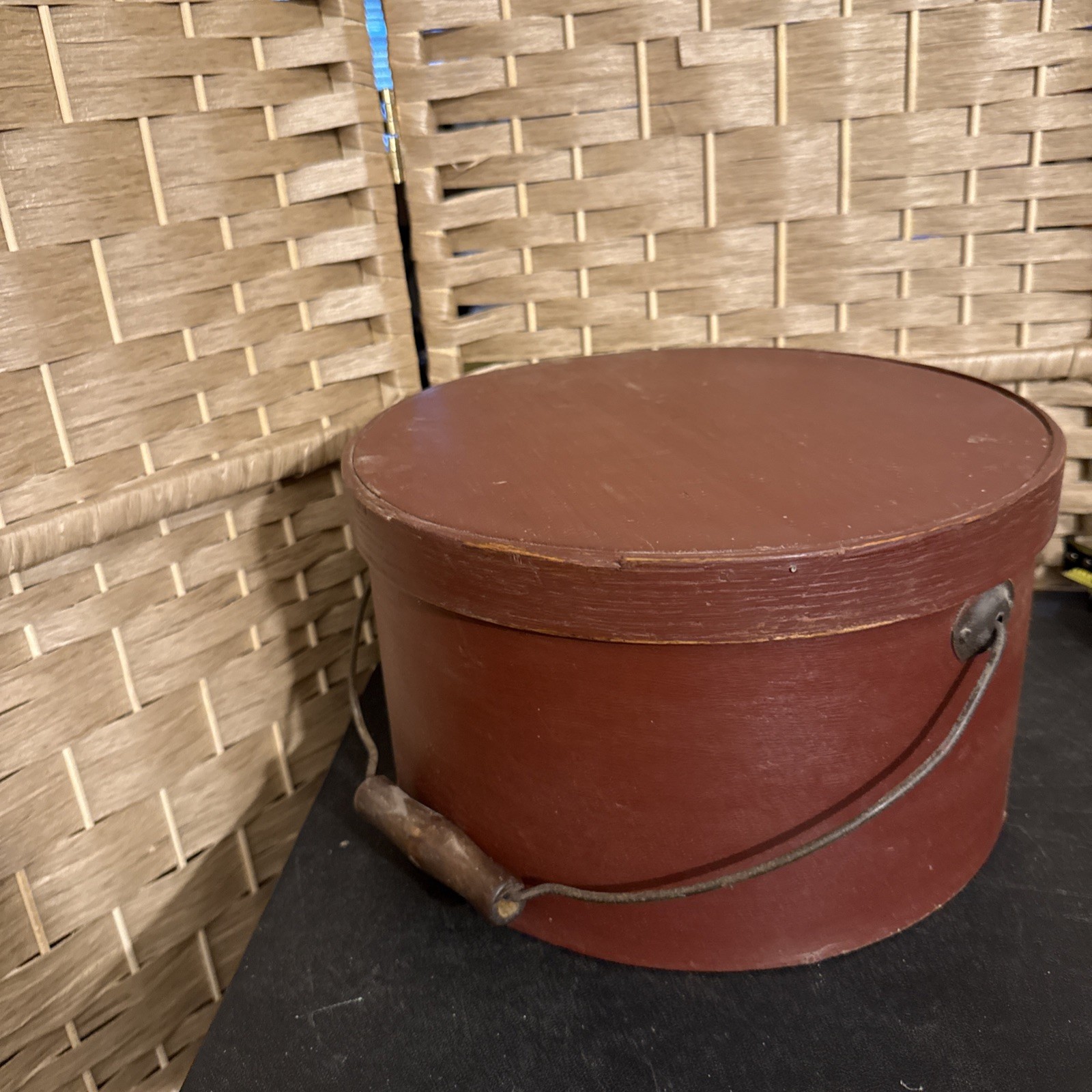 Antique Round Swing Handle Pantry Box Orig Cent 19th Old red paint 11.5 X 6.5 Antique Round Swing Handle Pantry Box Orig Cent 19th Old red paint 11.5 X 6.5
