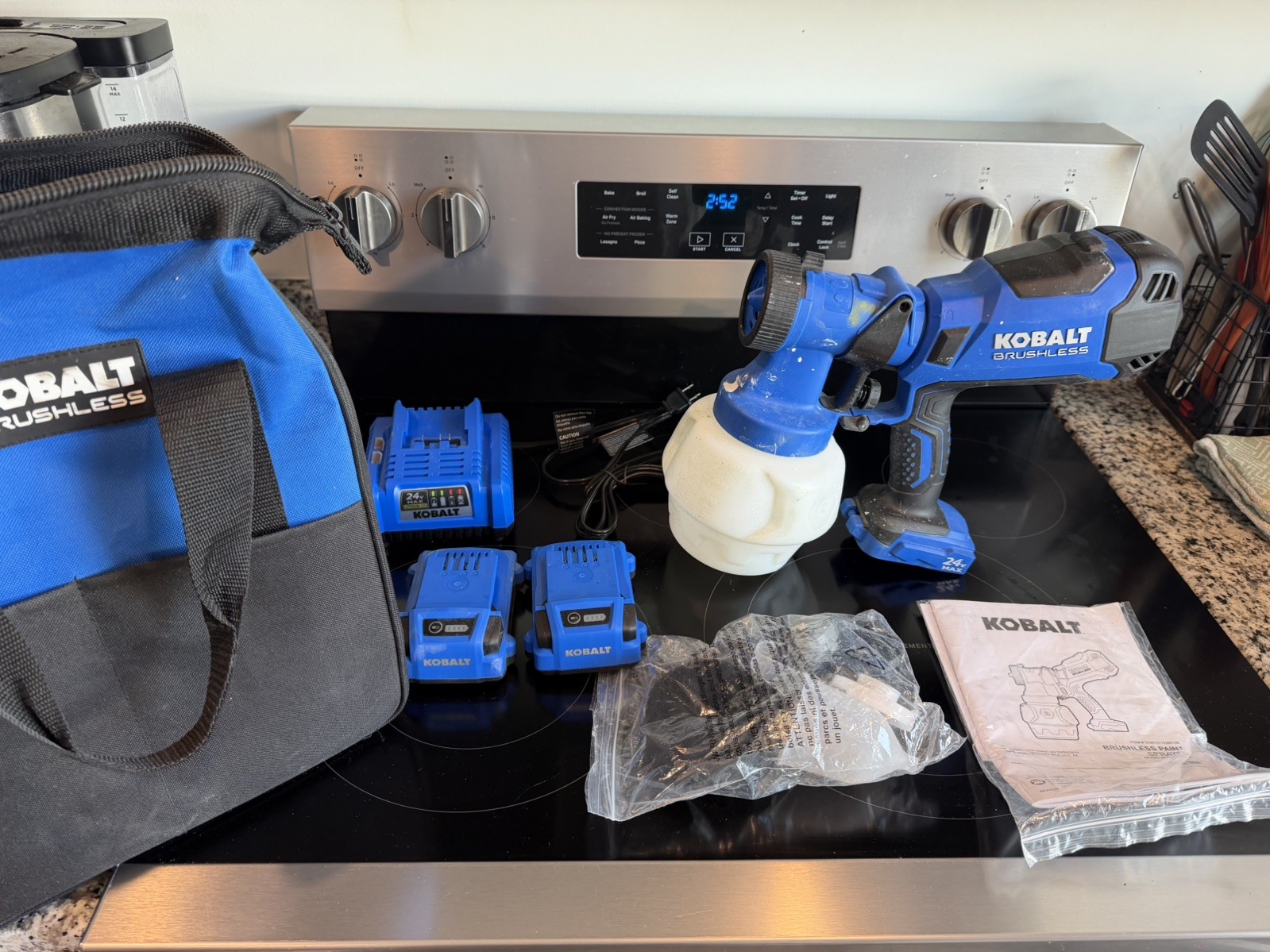 KOBALT 24V Battery Handheld HVLP Paint Sprayer w/2 Batteries/Charger/Bag KOBALT 24V Battery Handheld HVLP Paint Sprayer w/2 Batteries/Charger/Bag