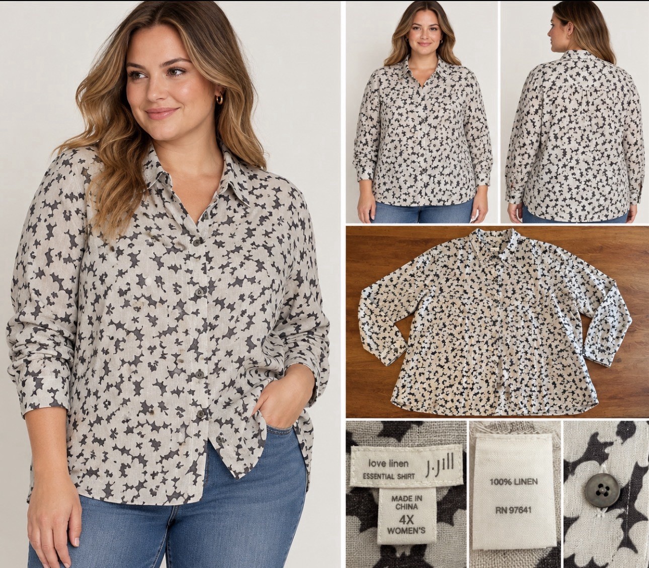 J.Jill Love Linen Essential Shirt Womens 4X Floral Print 100% Linen NWT