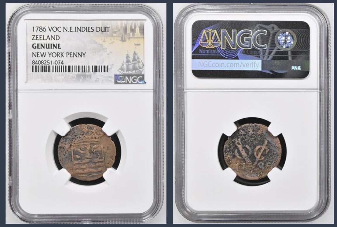 VERY VERY RARE NGC 1786 VOC N.E. Indies Duit Zeeland New York Penny (Genuine)