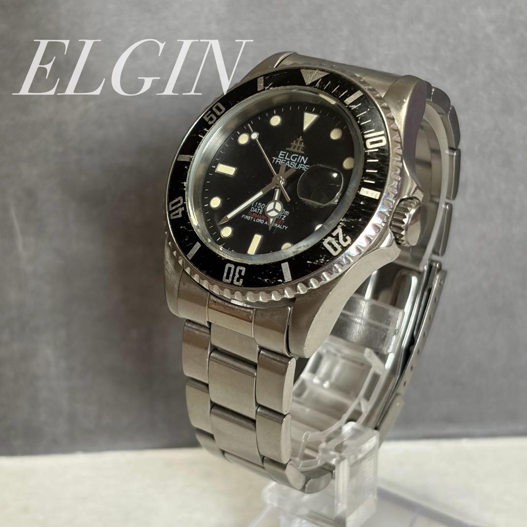 Vintage ELGIN Treasure Men's Quartz Diver Style Watch Black Dial Date Steel 38mm