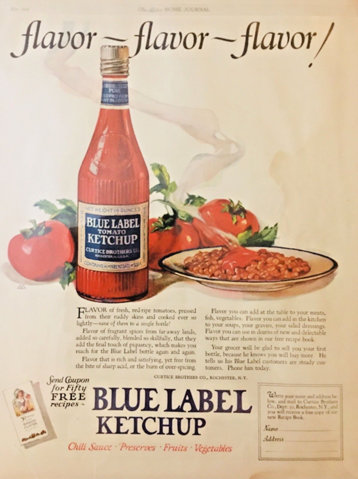 Vintage 1925 BLUE LABEL Tomato Ketchup Kitchen Art Décor 20\'s Print Ad