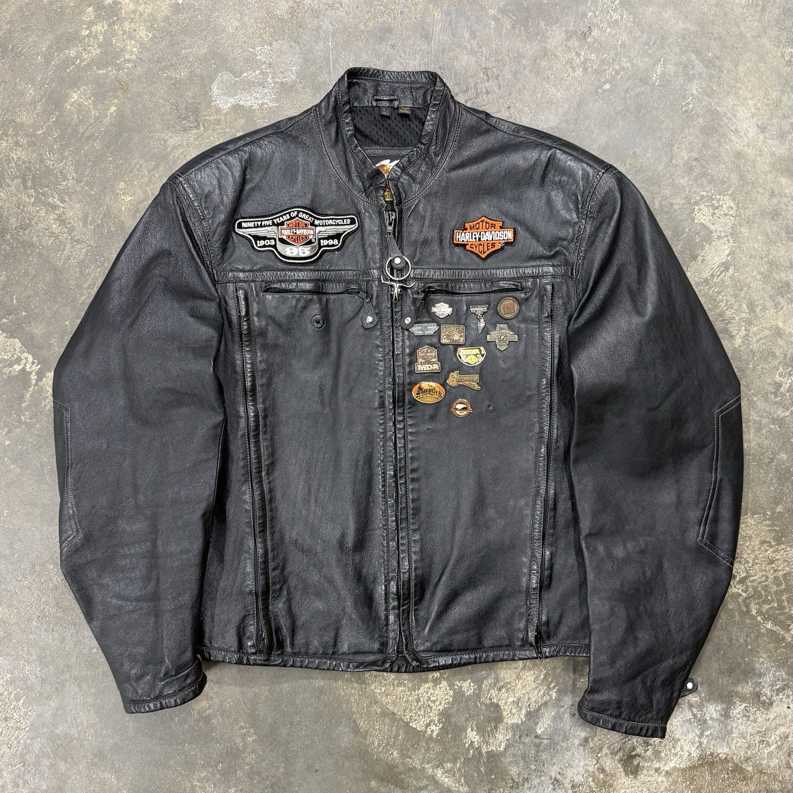 Vintage 1998 Harley Davidson 95th Anniversary Leather Jacket Mens L Pins Patches