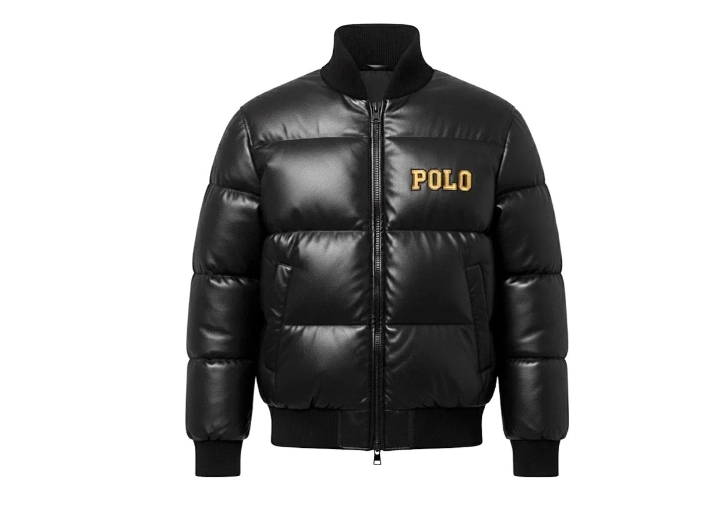 Mens Genuine Cowhide Leather Puffer Bomber Jacket Black Rib Collar Coat