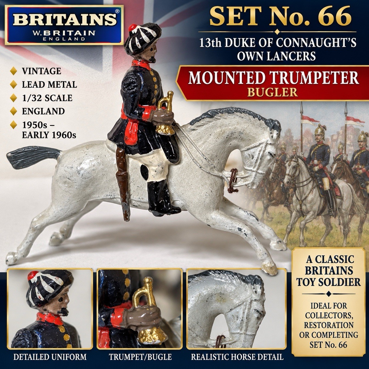 VTG Britains Set 66 13th Duke Connaught Lancers Mounted Trumpeter Bugler Lead