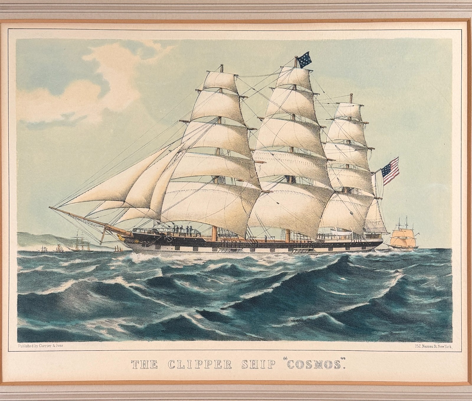 Antique Currier & Ives Lithograph Print Cosmos American Clipper Ship 19th C. Antique Currier & Ives Lithograph Print Cosmos American Clipper Ship 19th C.