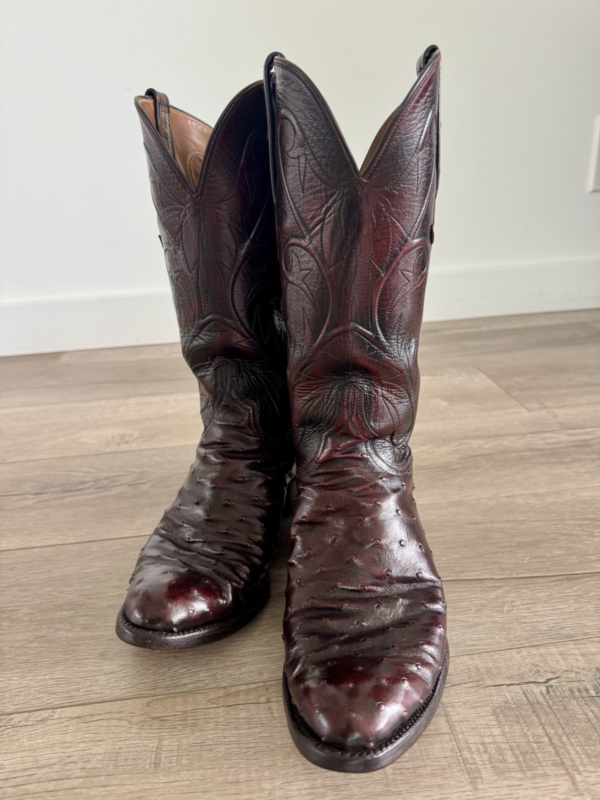 Vintage Lucchese Burgundy Red Cherry Ostrich Boots PC 909 Size 8.5