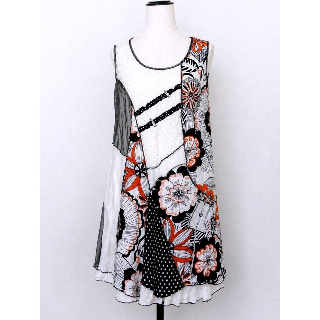 Vintage Concept Patchwork Dress Womens L White Black Orange Floral Mixed Media