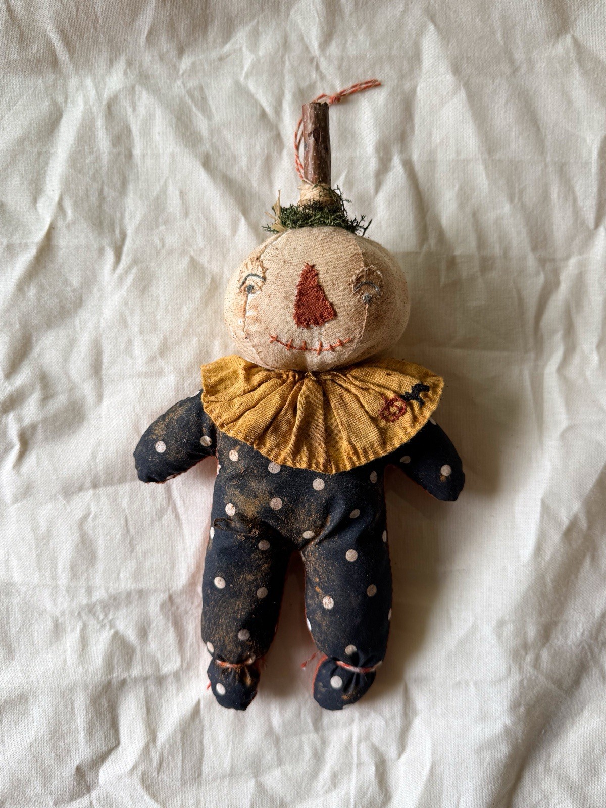 Primitive Halloween Pumpkin Doll Handmade Folk Art Spooky Grungy Ornament