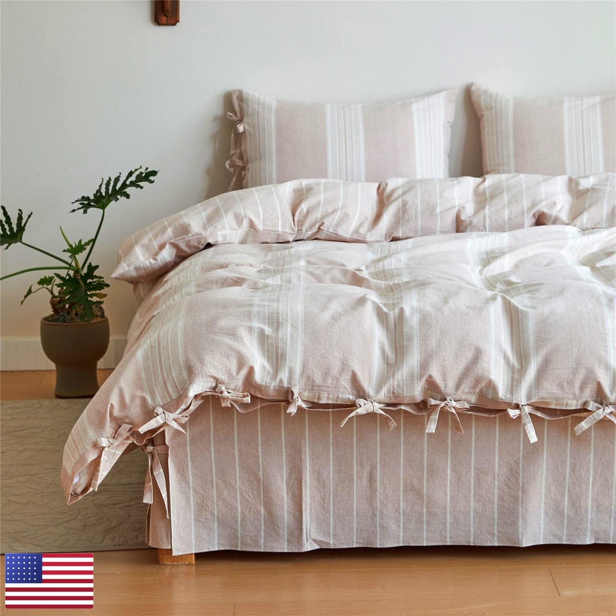 BISELINA Striped Duvet Cover Set 2pcs 100% Washed Cotton Twin Cream Tan BISELINA Striped Duvet Cover Set 2pcs 100% Washed Cotton Twin Cream Tan