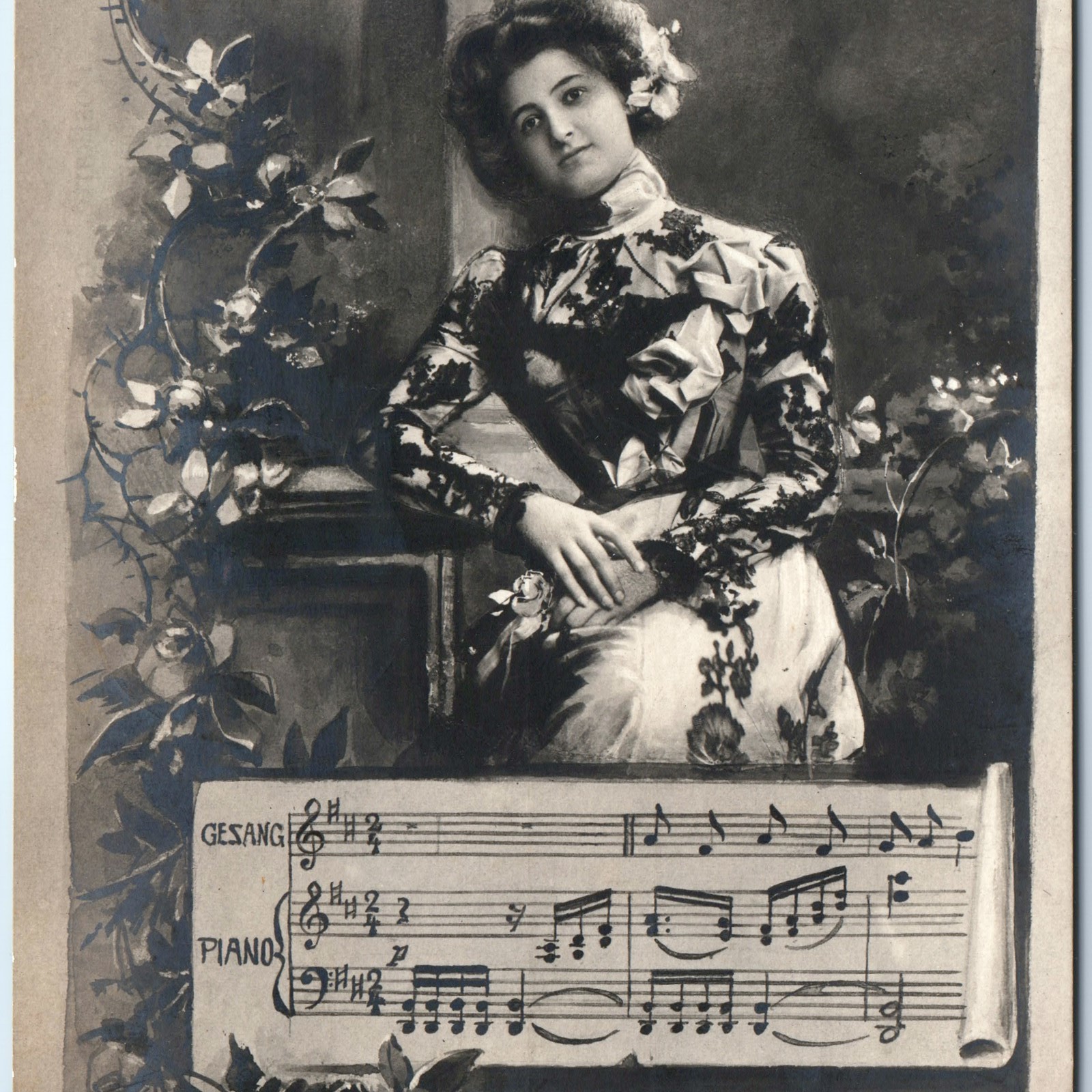 c1900s NPG German RPPC Postcard Woman Portrait Rose Floral Sheet Music Song