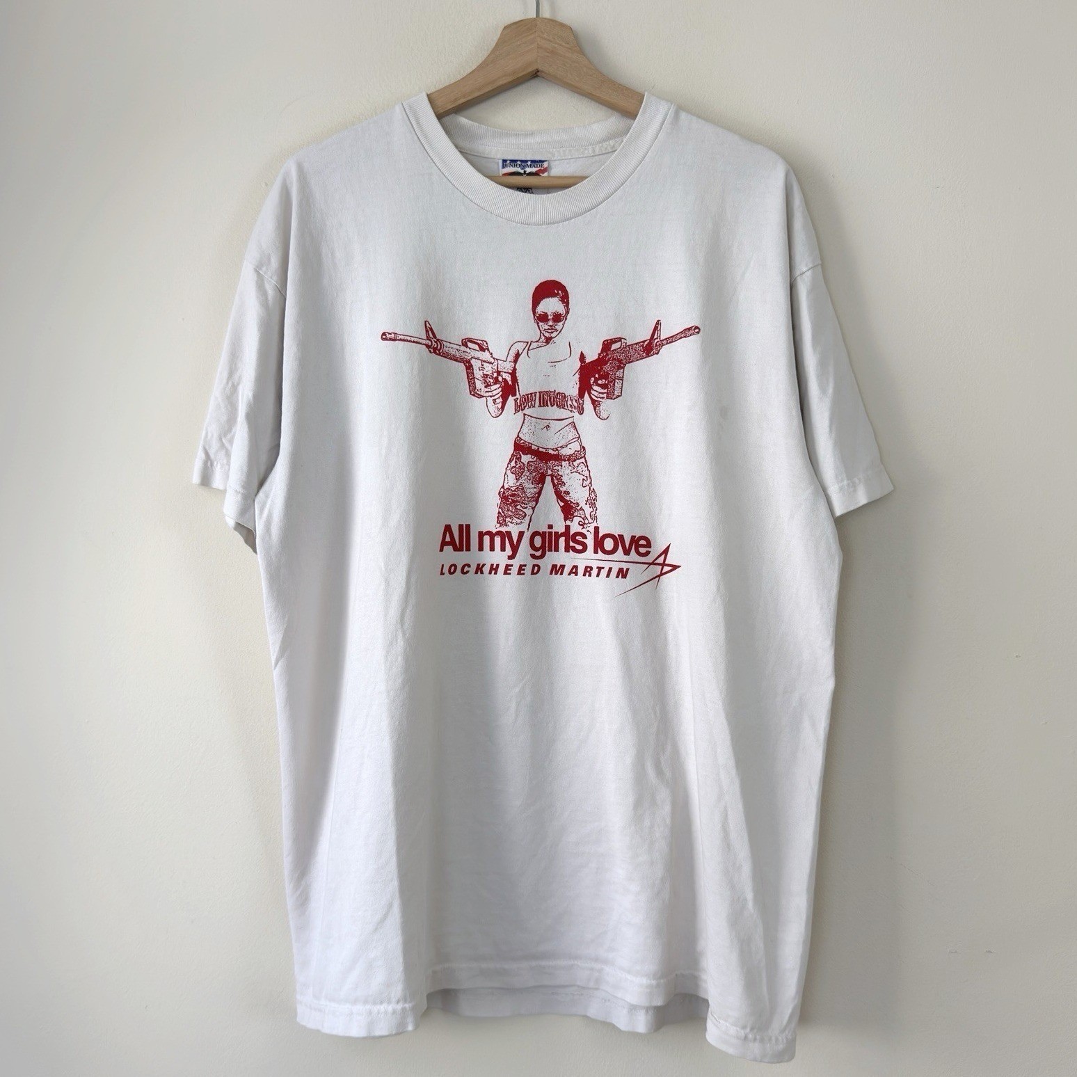 Vintage All My Girls Love Lockheed Martin Union Made White Cream Tee Shirt - XL Vintage All My Girls Love Lockheed Martin Union Made White Cream Tee Shirt - XL