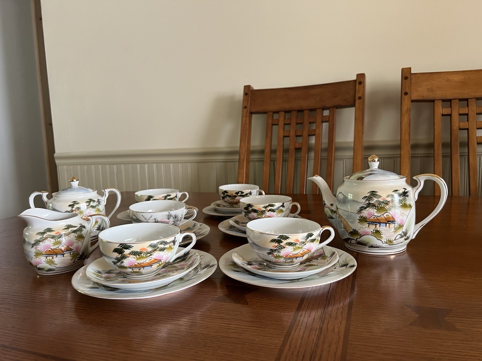 Hayasi Kutani Lithophane 23 Piece Tea Set-Mt. Fuji Water Front Scene-1950’s-VTG Hayasi Kutani Lithophane 23 Piece Tea Set-Mt. Fuji Water Front Scene-1950’s-VTG