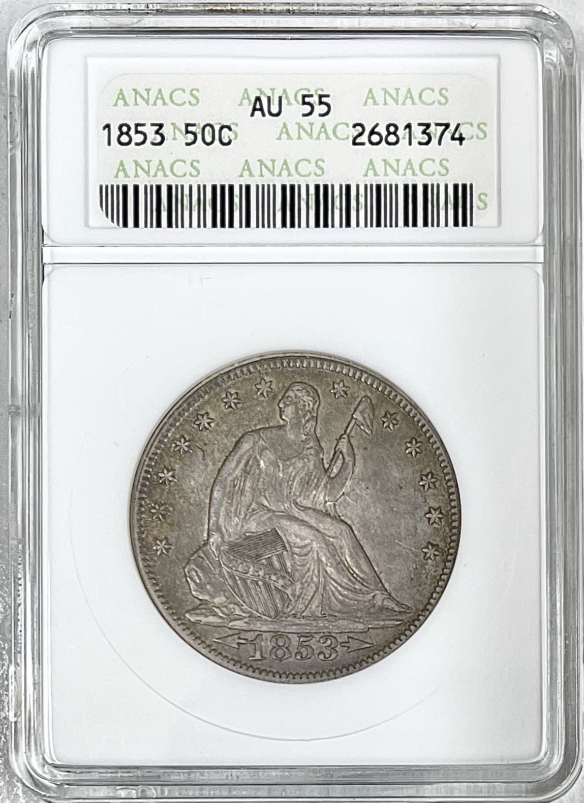 1853 SEATED LIBERTY HALF DOLLAR ARROWS & RAYS ANACS AU55 SOAPBOX TONER 1853 SEATED LIBERTY HALF DOLLAR ARROWS & RAYS ANACS AU55 SOAPBOX TONER
