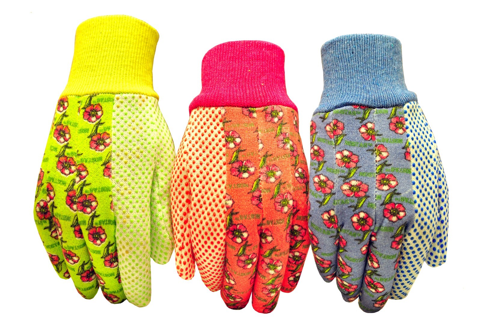 Women's Garden Gloves 3-Pair, Soft Cotton Jersey, PVC Dot Grip, Green/Red/Blue Women's Garden Gloves 3-Pair, Soft Cotton Jersey, PVC Dot Grip, Green/Red/Blue