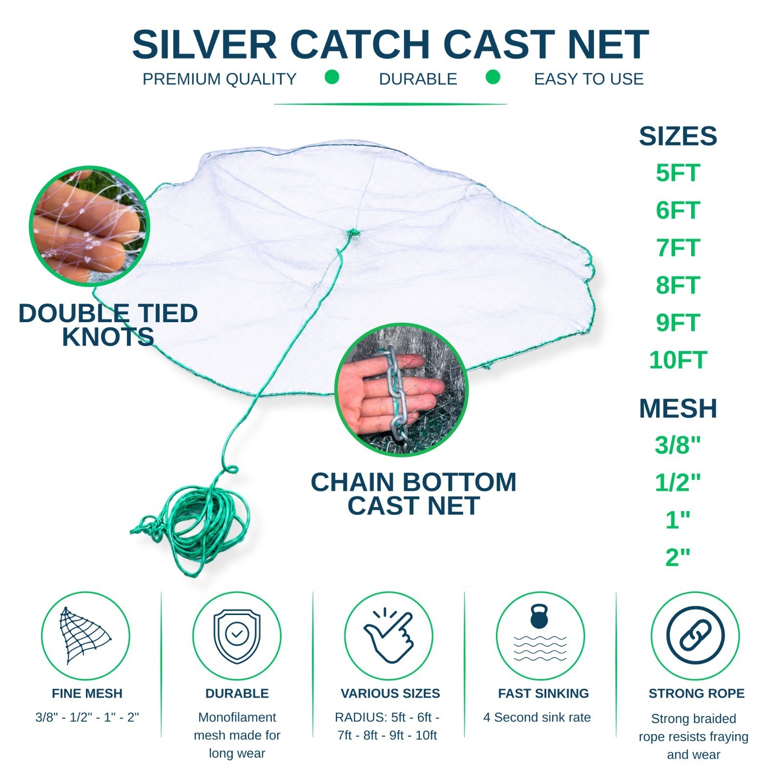 Silver Catch Cast Net Bait Fishing Net Mono Nylon 3/8\'\'-2\'\' Mesh 5-10ft