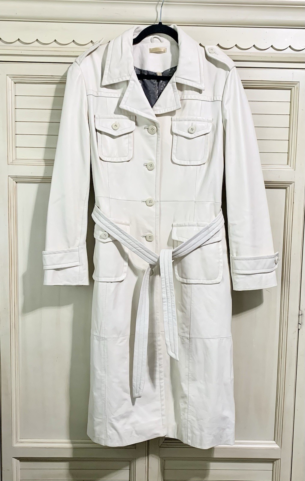 Wilsons Leather Ivory Trench Coat Jacket Women’s Large Vintage Long White Coat