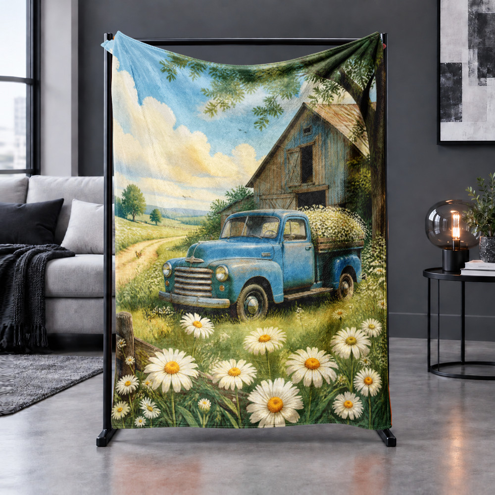 Blue Pickup Truck Barn Daisy Coral Fleece Blanket