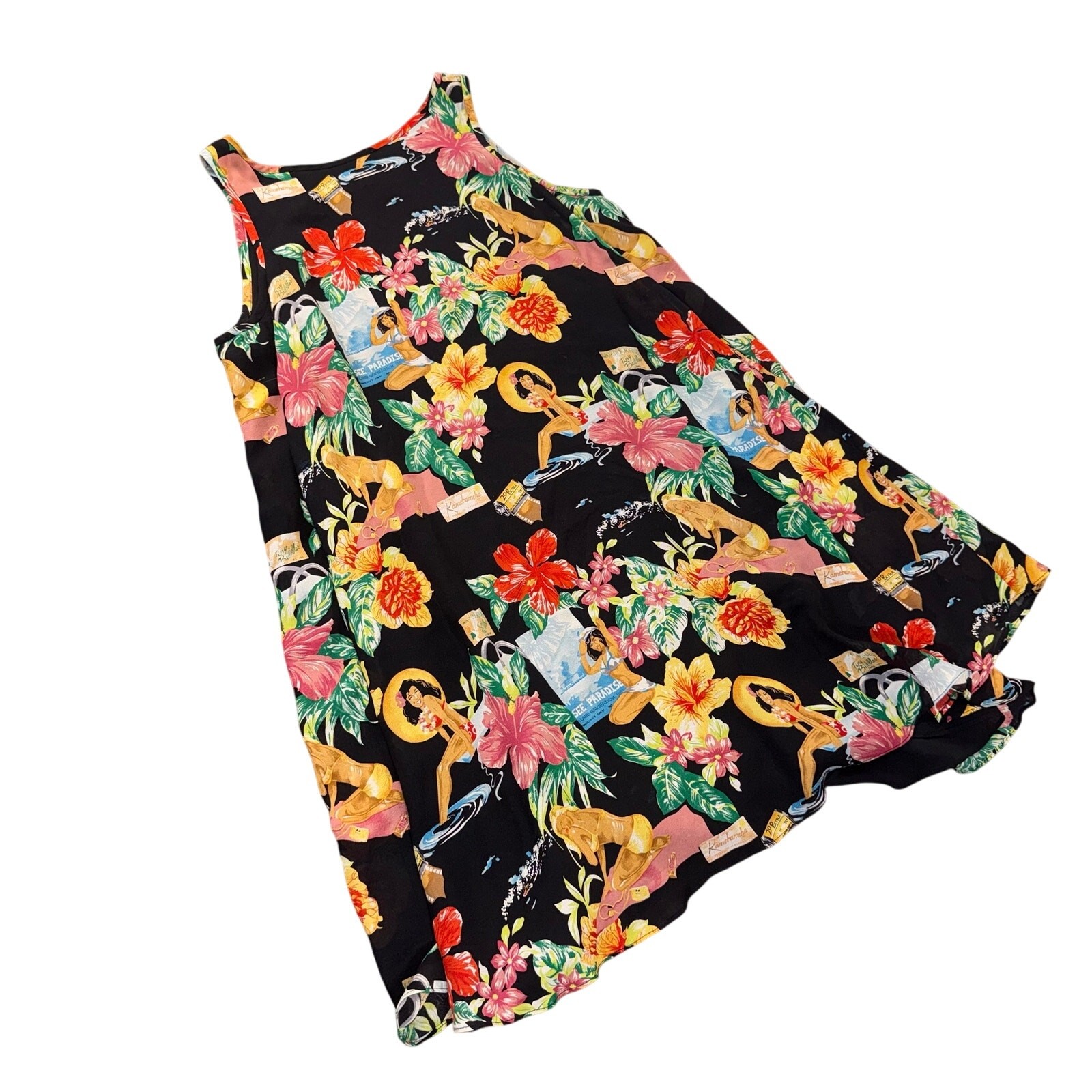 Vintage 90s Nicole Miller 100% Silk Hawaiian Pin-Up Tropical Print Dress Size 10