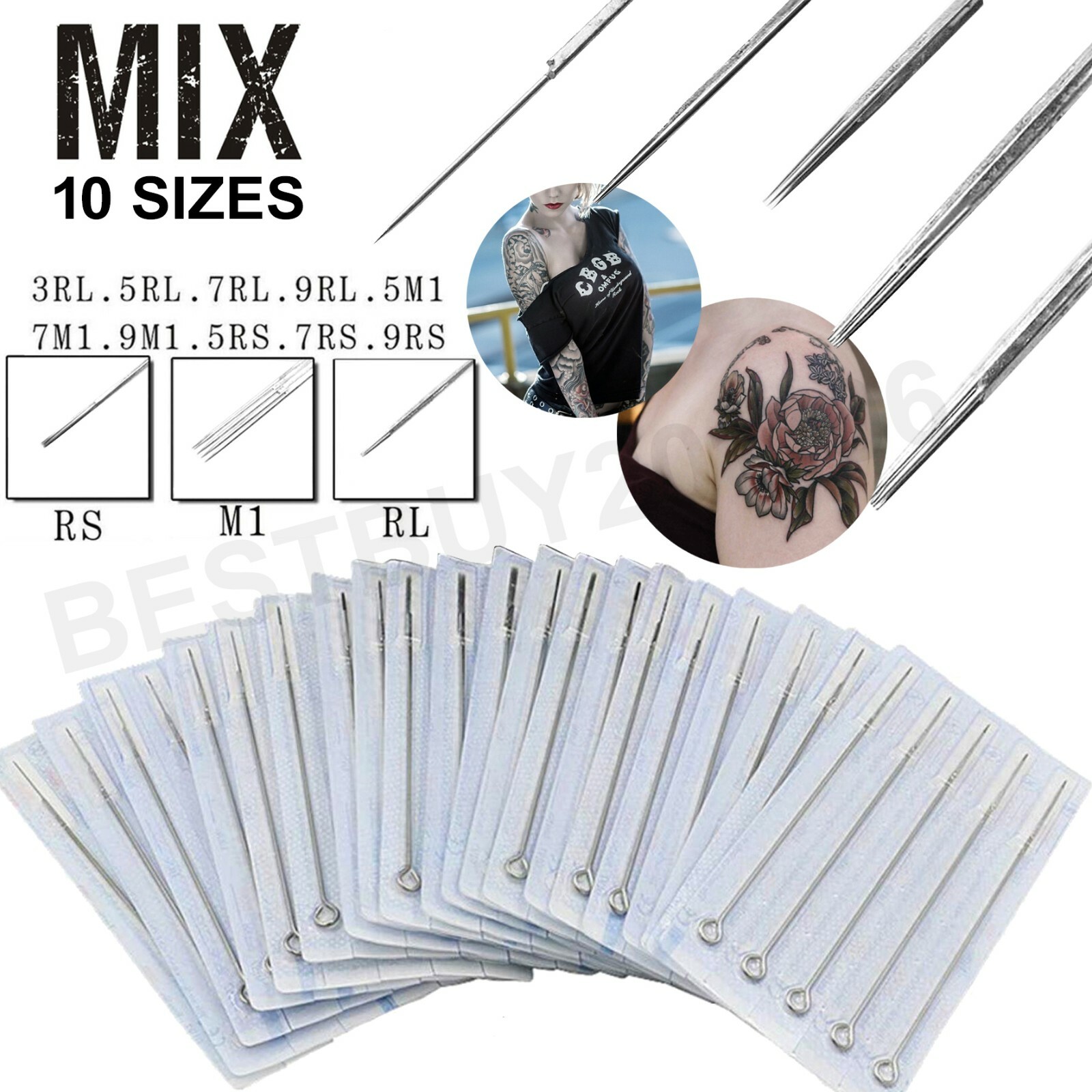 100pcs Mixed Assorted Tattoo Needles 10 Sizes-3 5 7 9RL 5 7 9RS 5 7 9M1