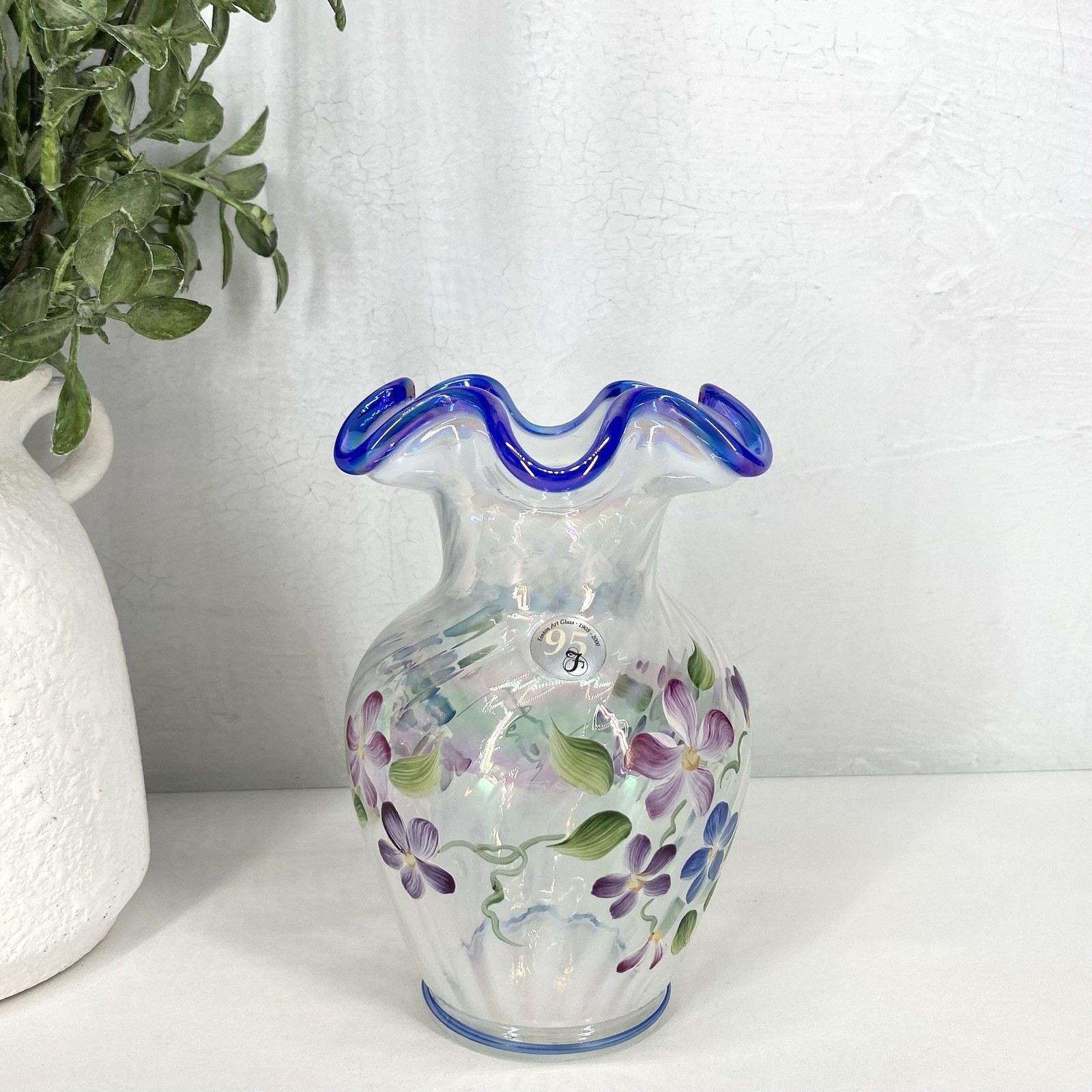 Fenton French Opal Iridescent Spiral Hand Painted Vase Signed 95th Anniversary Fenton French Opal Iridescent Spiral Hand Painted Vase Signed 95th Anniversary