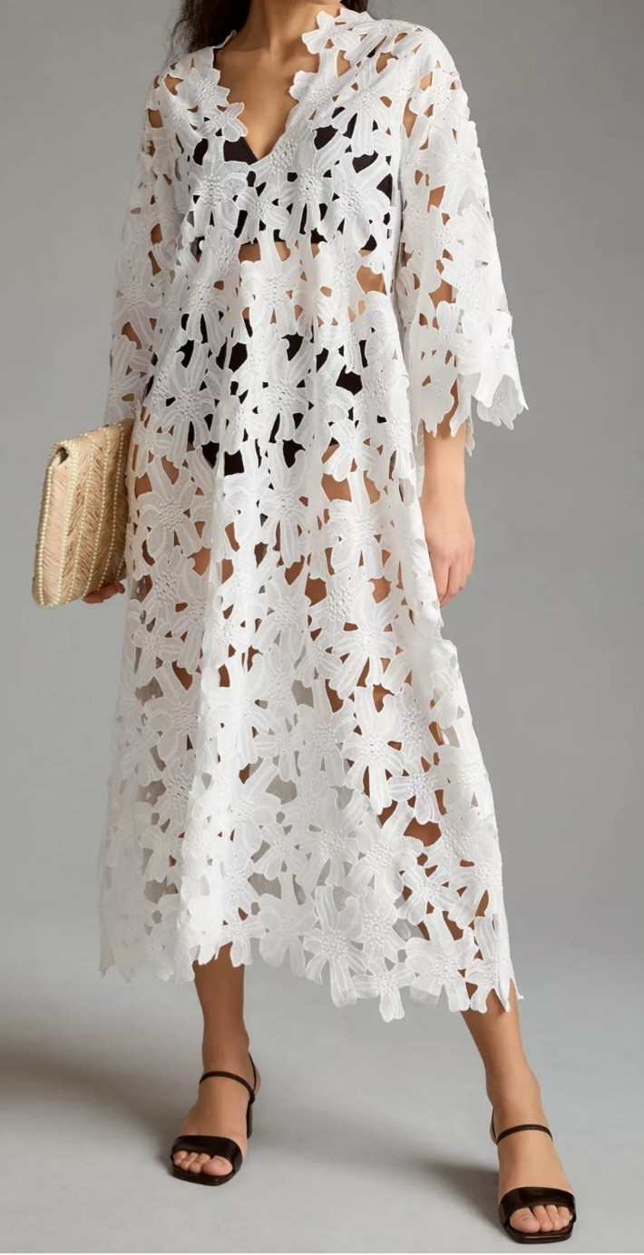 New ANTHROPOLOGIE White Floral Eyelet Caftan Kaftan Swimsuit Cover-up M Medium New ANTHROPOLOGIE White Floral Eyelet Caftan Kaftan Swimsuit Cover-up M Medium