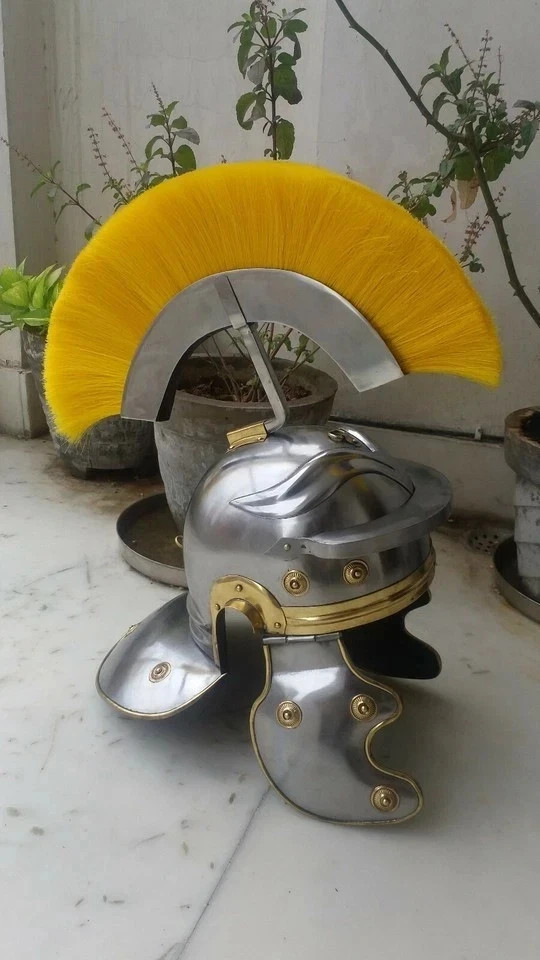 18G Roman Centurion Helmet Silver Yellow Plume Wearable Costume Decor