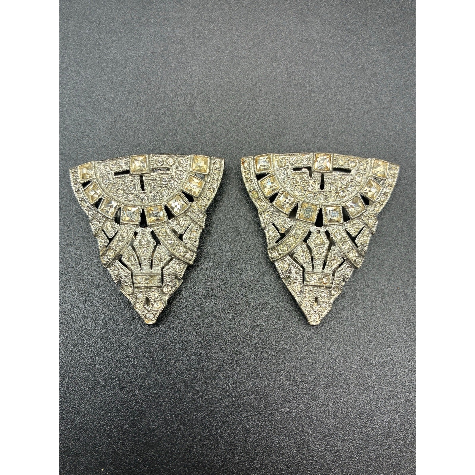 Vintage Pair Of Art Deco Geometric Rhinestone Dress Clips EXCELLENT