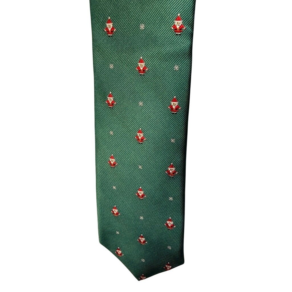 VTG Roundtree & Yorke Necktie Green Santa Christmas Silk Tie Holiday Snow USA