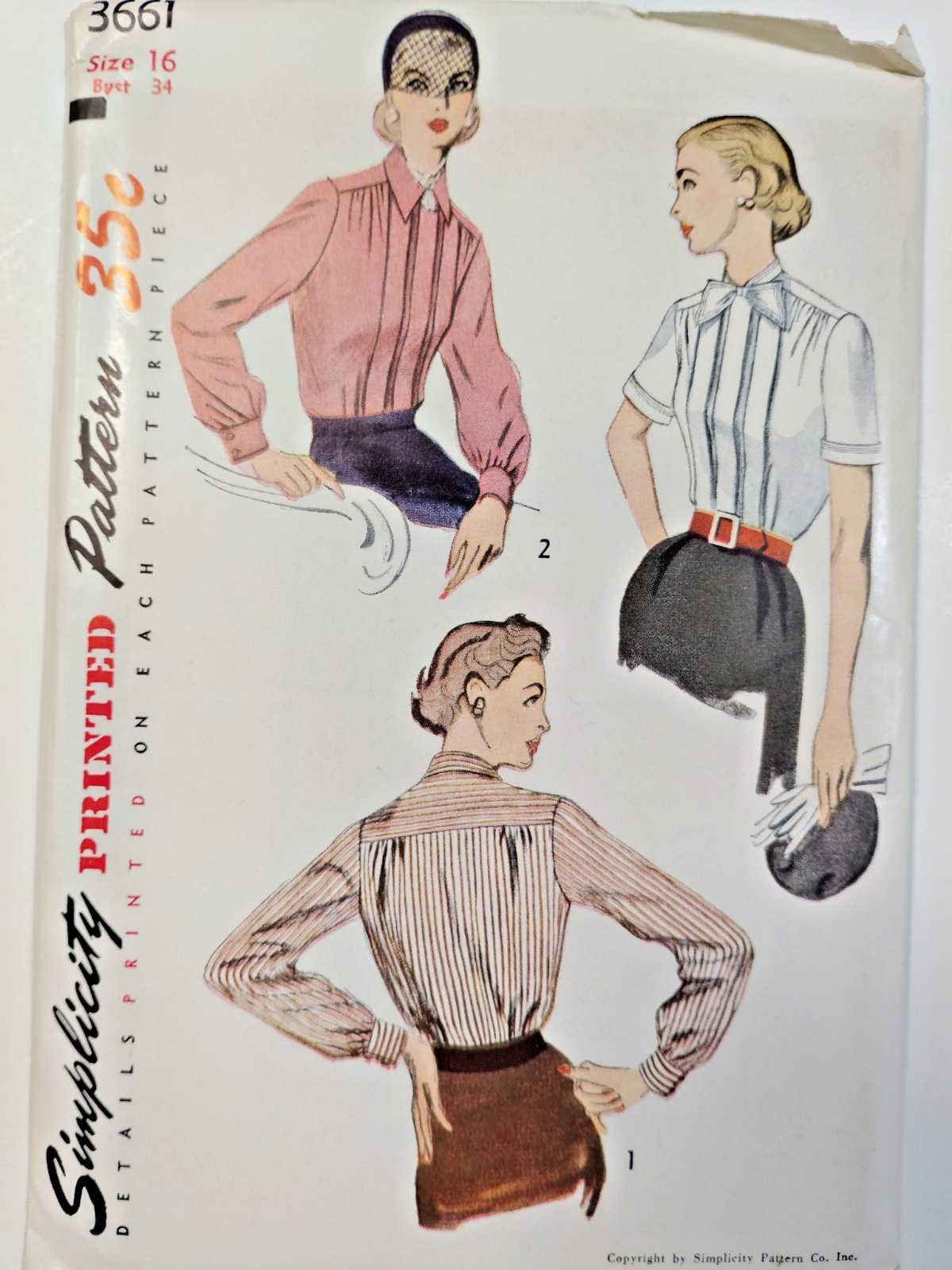 Simplicity 3661 Blouse Top Sewing Pattern Ladies 16 VTG 50s UC Bow Tucked Fitted Simplicity 3661 Blouse Top Sewing Pattern Ladies 16 VTG 50s UC Bow Tucked Fitted