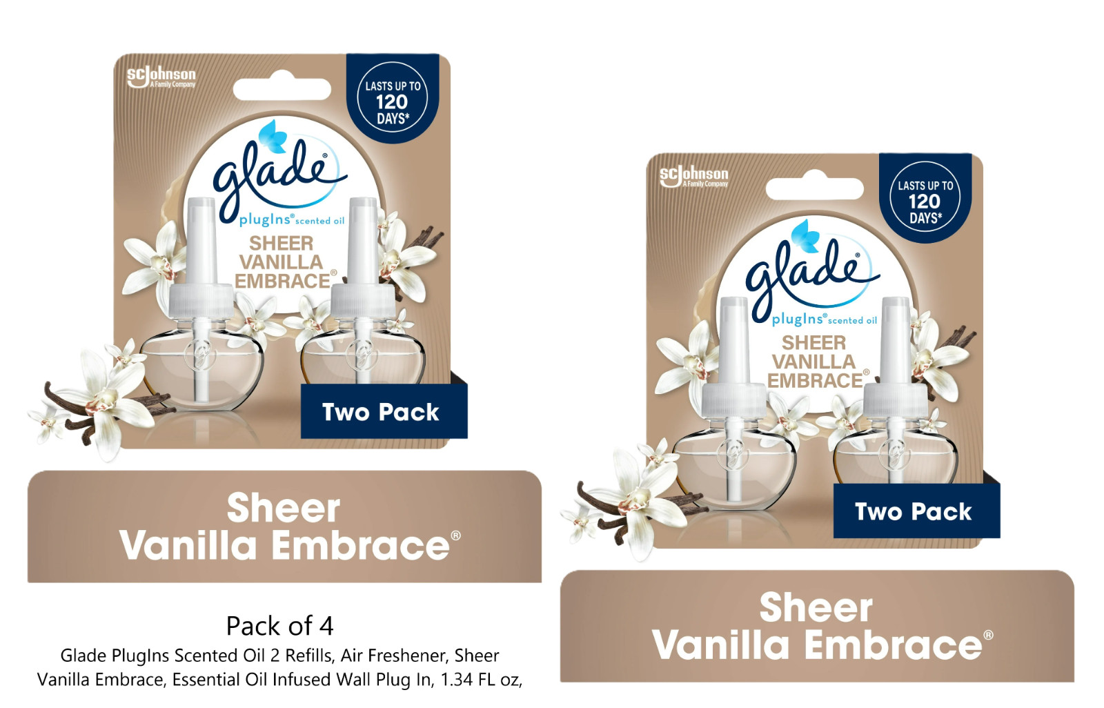 Glade PlugIns Scented Oil 4 Refills, Sheer Vanilla Embrace, 1.34 FL oz Glade PlugIns Scented Oil 4 Refills, Sheer Vanilla Embrace, 1.34 FL oz
