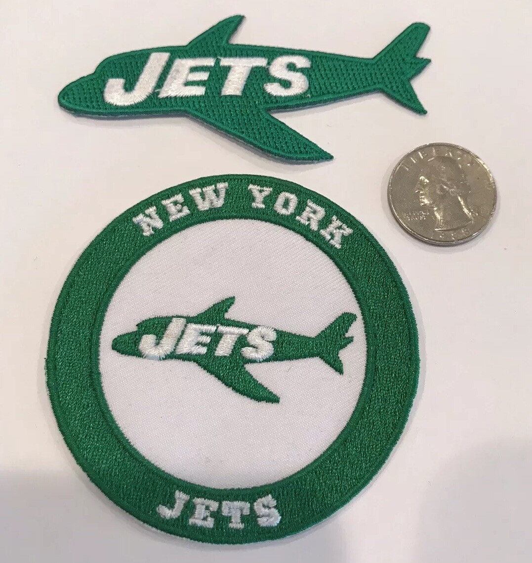 (2)-N.Y. Jets vintage embroidered iron on patches Approx 3 1/2”x 1 1/2” 3”x 3” (2)-N.Y. Jets vintage embroidered iron on patches Approx 3 1/2”x 1 1/2” 3”x 3”