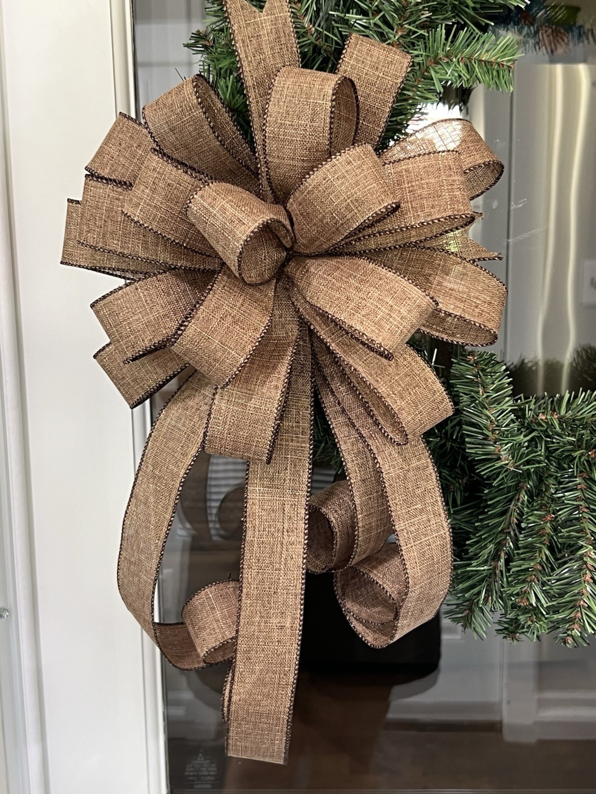 Handmade Dark Brown Rustic Burlap Holiday Bow 10 x 20 in. Wreath Swag Bow Handmade Dark Brown Rustic Burlap Holiday Bow 10 x 20 in. Wreath Swag Bow