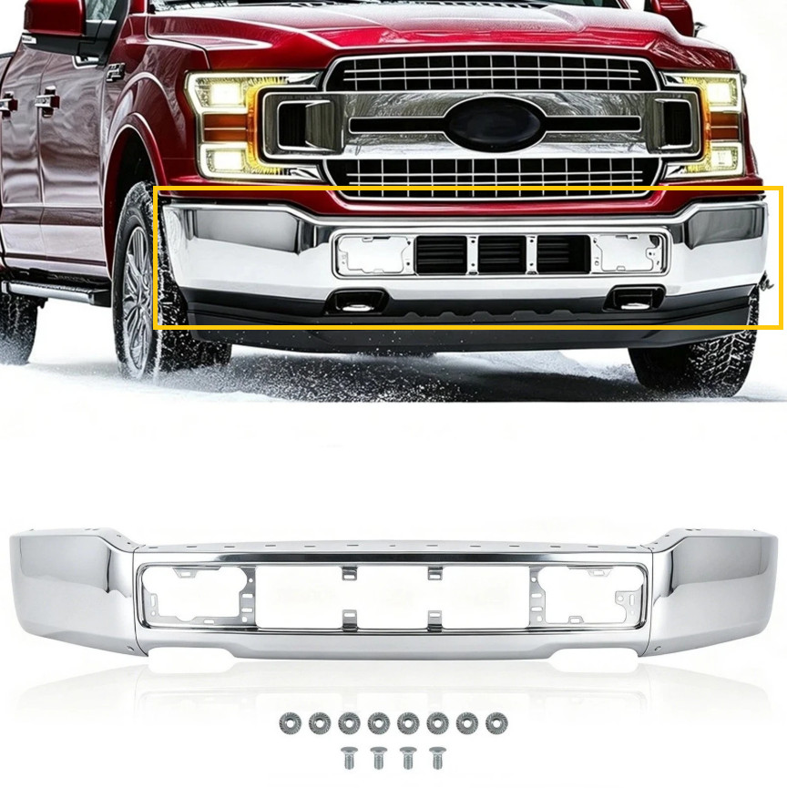 Chrome Steel Front Bumper Face Bar For 2018-2020 Ford F-150 W/O Sensor Holes Chrome Steel Front Bumper Face Bar For 2018-2020 Ford F-150 W/O Sensor Holes